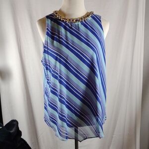 NWT BOLD elements Blue Striped Sleeveless Blouse with Gold Look Chain - Size L